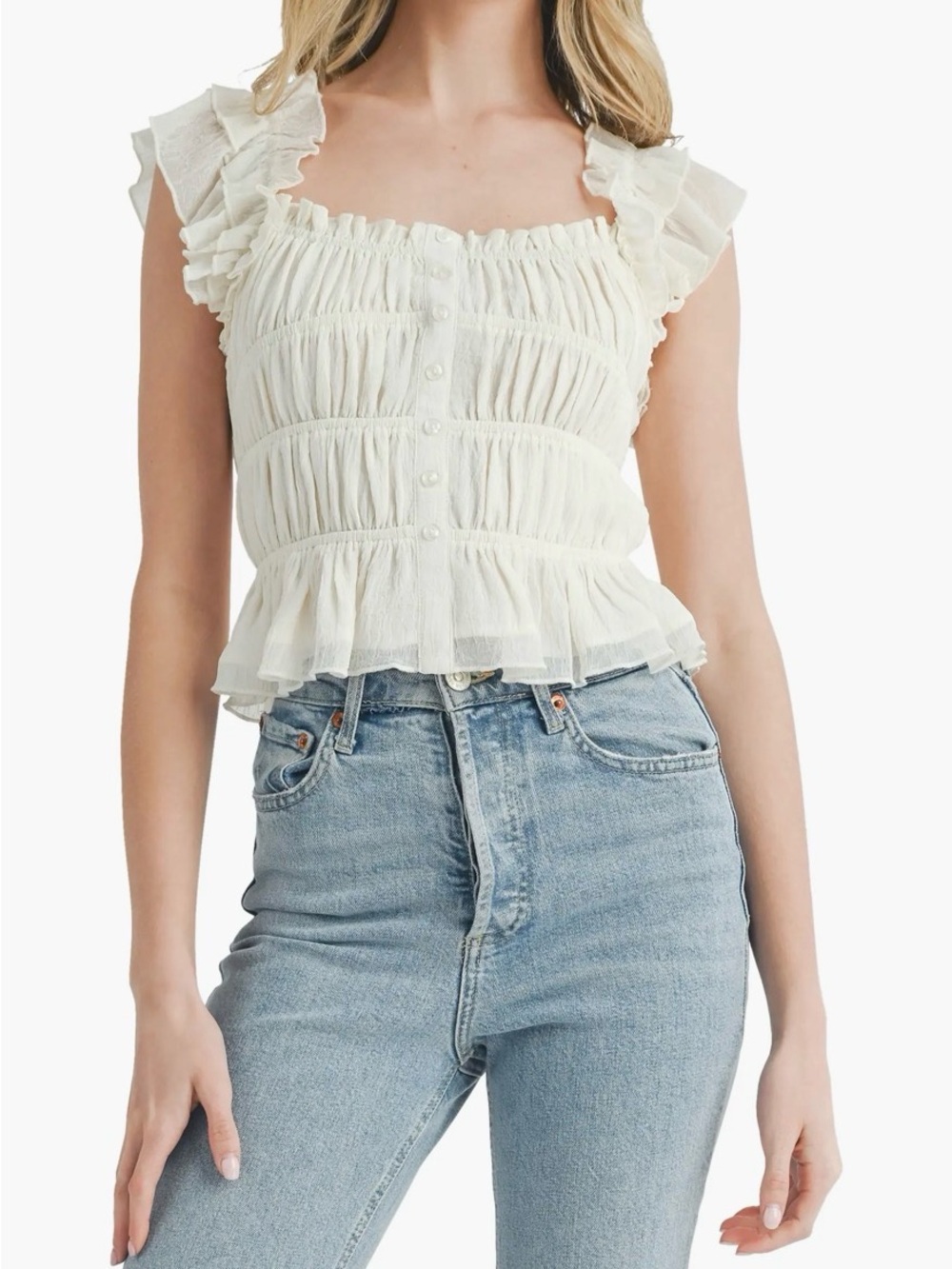 LUSH Ivory Ruffle Trim Smocked Peplum Cami / Top